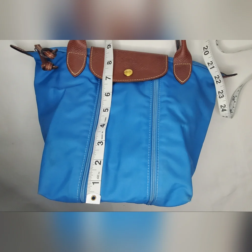 LONGCHAMP Stylish "Le Pliage"Small Expandable Top Handle Blue and Green Tote Bag - Picture 8 of 16